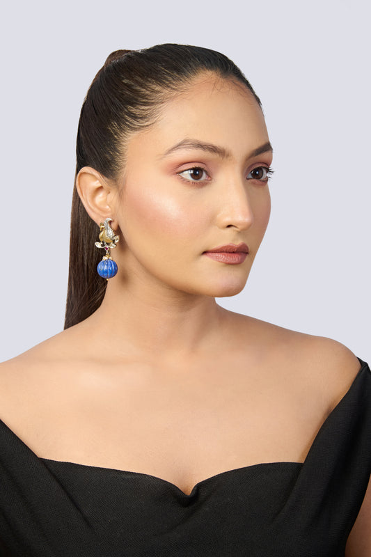 Dual-Tone Ethnic Danglers with Peacock Carving & Lapis Bead