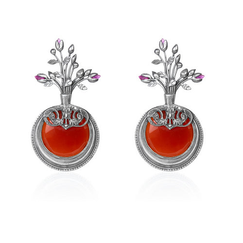 Oxidized Silver Carnelian Stone Stud Earrings with Floral Motif