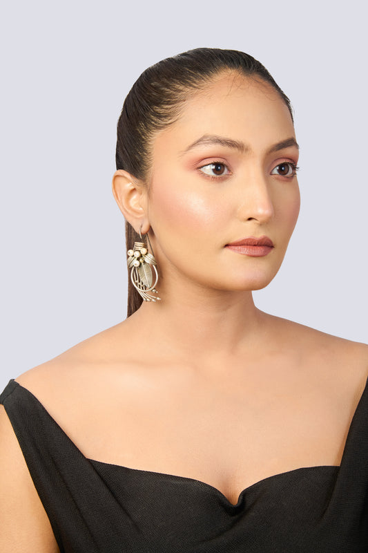 Oxidized Silver Leaf Dangle Earrings with Pearl and Stone Accents