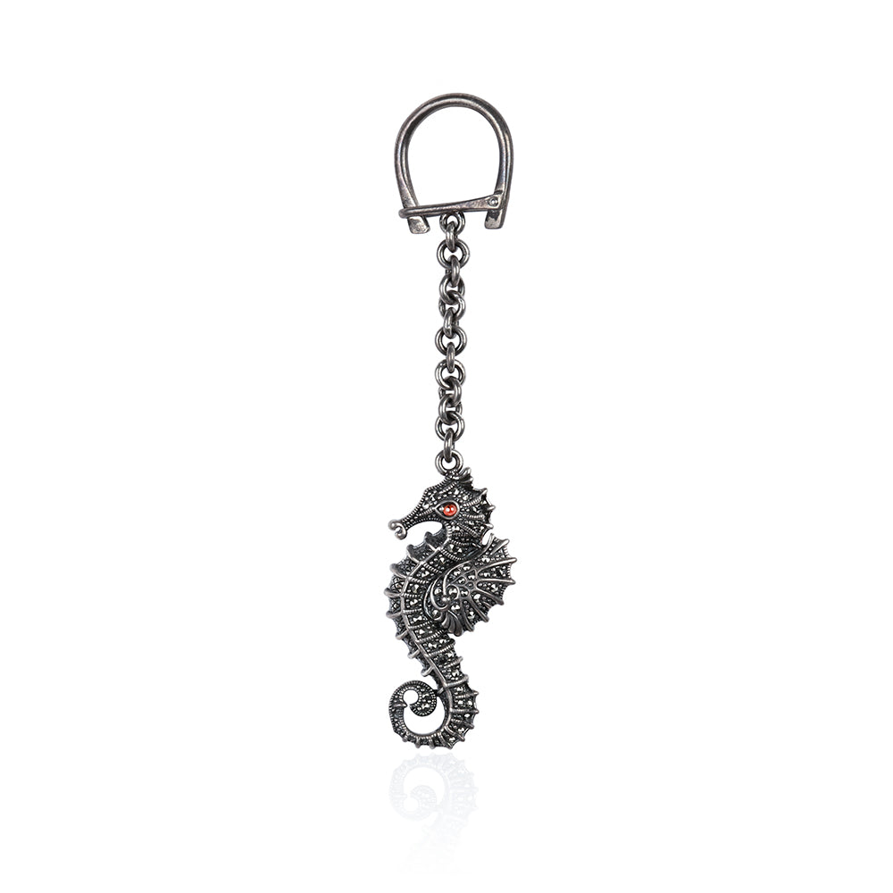 Elegant Silver Seahorse Keychain with Red Eye Detail