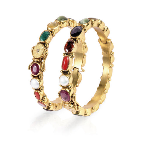 Pair of Gold Tone Hinged Navratna Bangles