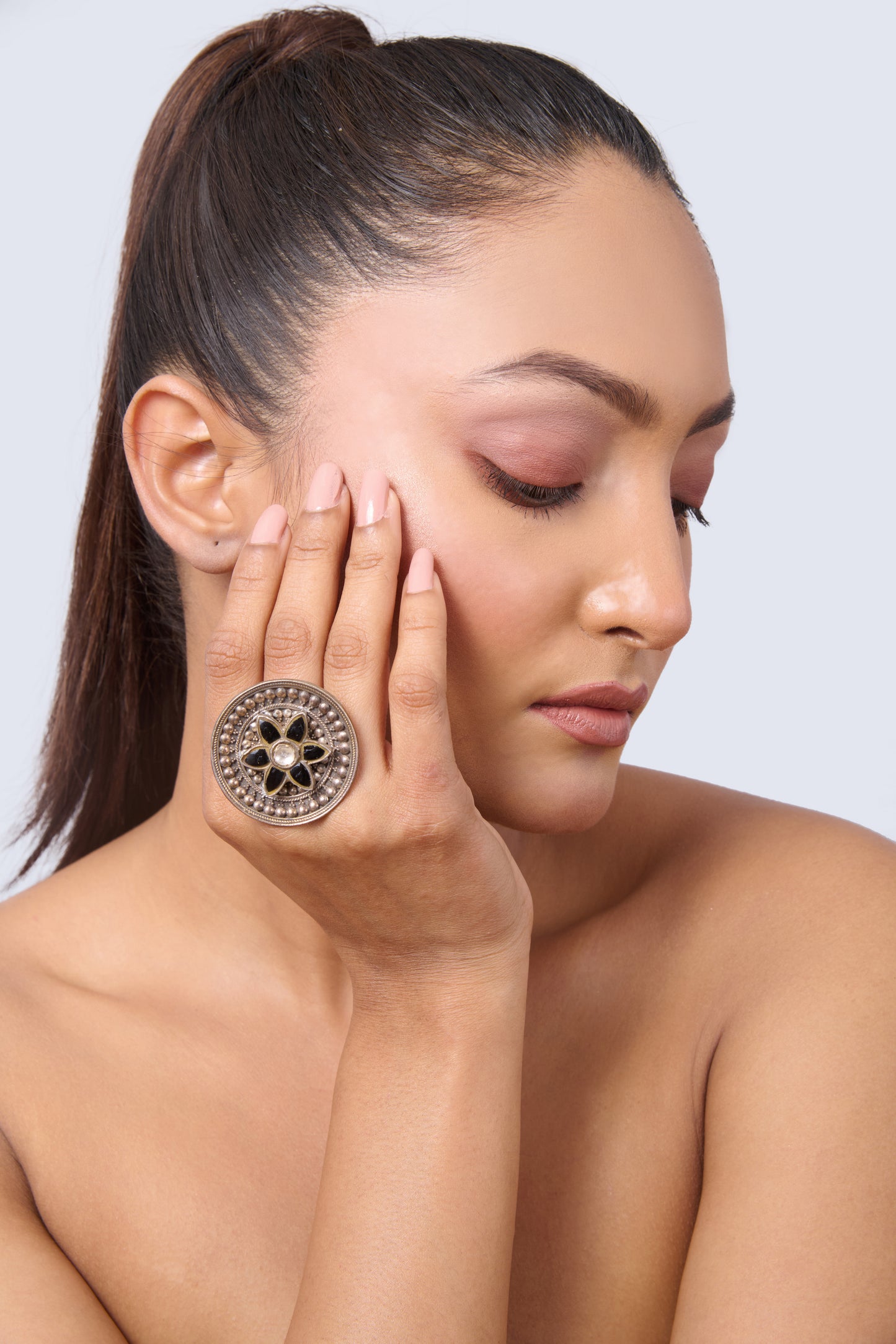 Oxidized Silver Adjustable Ring with Black Onyx Petals and White CZ Center