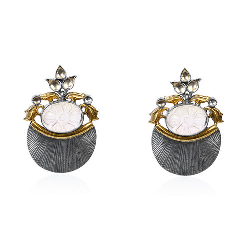 Dual-Tone Carved Stone Stud Earrings with Fan Drop