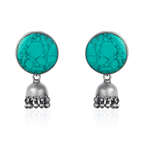 Oxidized Silver Turquoise Stone Stud Jhumkas