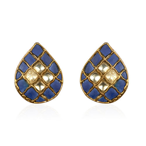 Gold-Tone Teardrop Stud Earrings with Blue Enamel & Square Stones