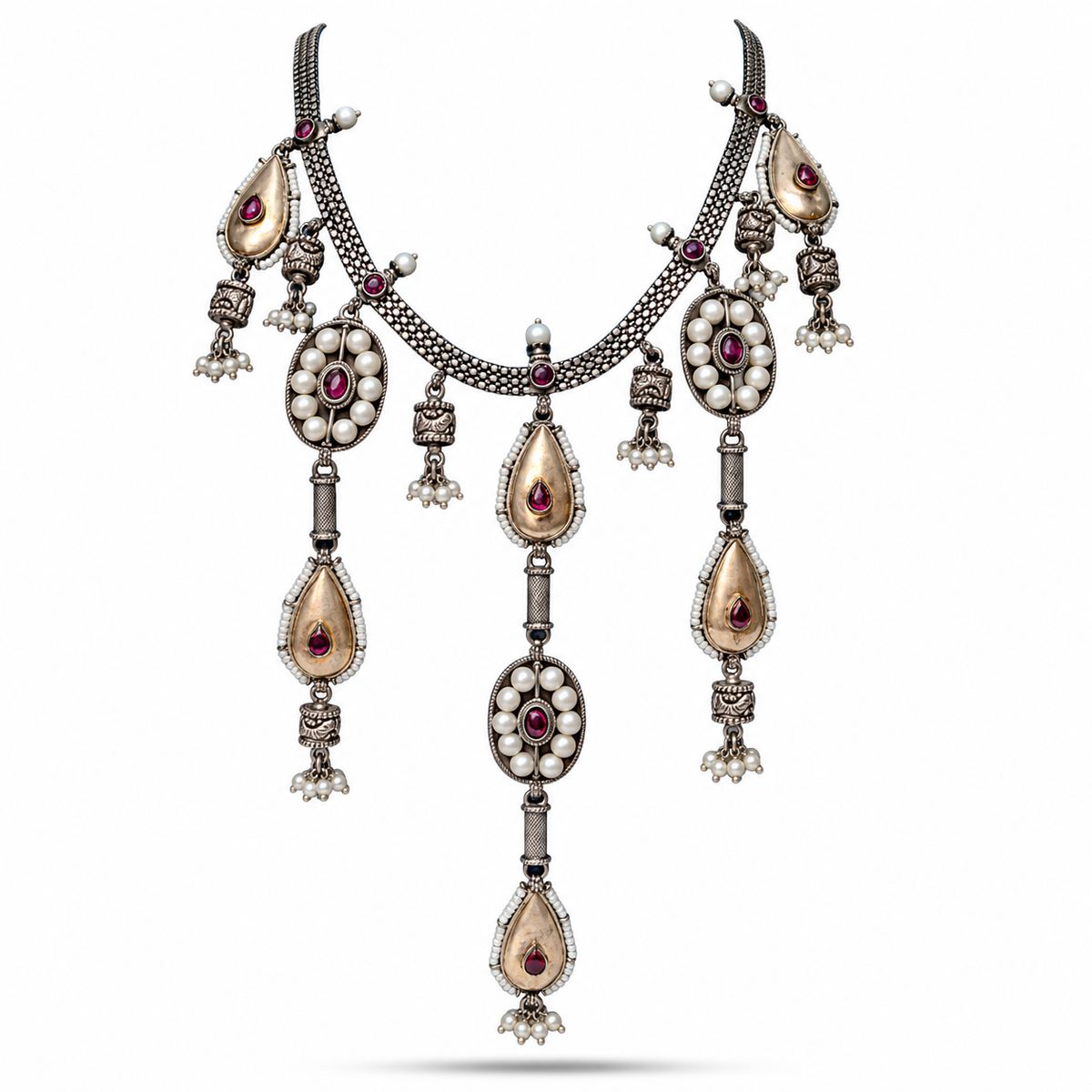 925 Silver Pearl Teardrop Tiered Statement Necklace