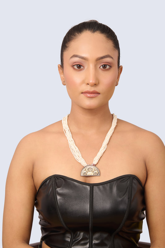 Delicate Silver Necklace with Oxidized Fan Pendant, Bird Motifs, and Pearl Strands