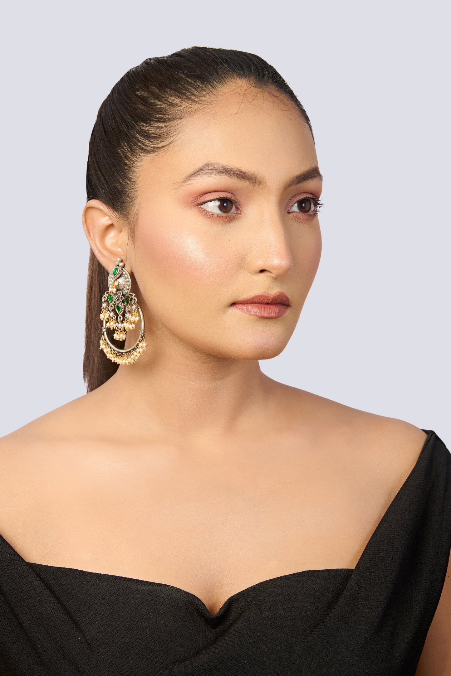 Oxidized Silver Green Stone & Pearl Half-Hoop Dangle Earrings