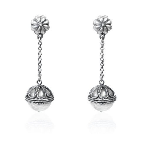 Oxidized Silver Floral Stud & Bead Drop Earrings