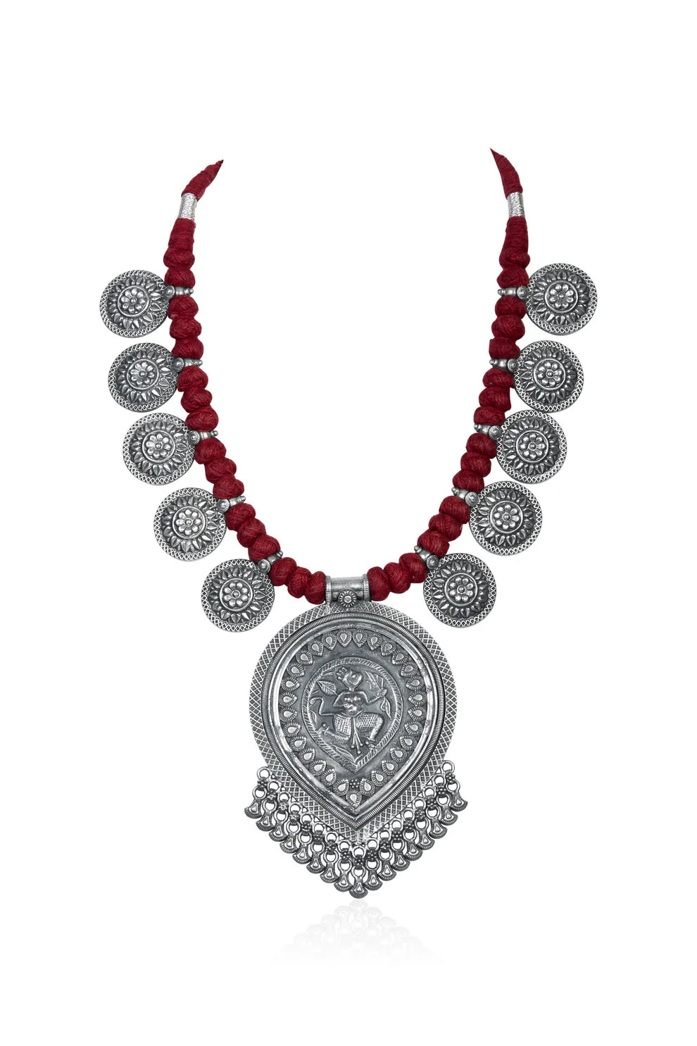Oxidized Silver Necklace with Intricate Pendant and Red Cord