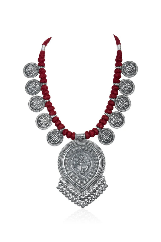 Oxidized Silver Necklace with Intricate Pendant and Red Cord