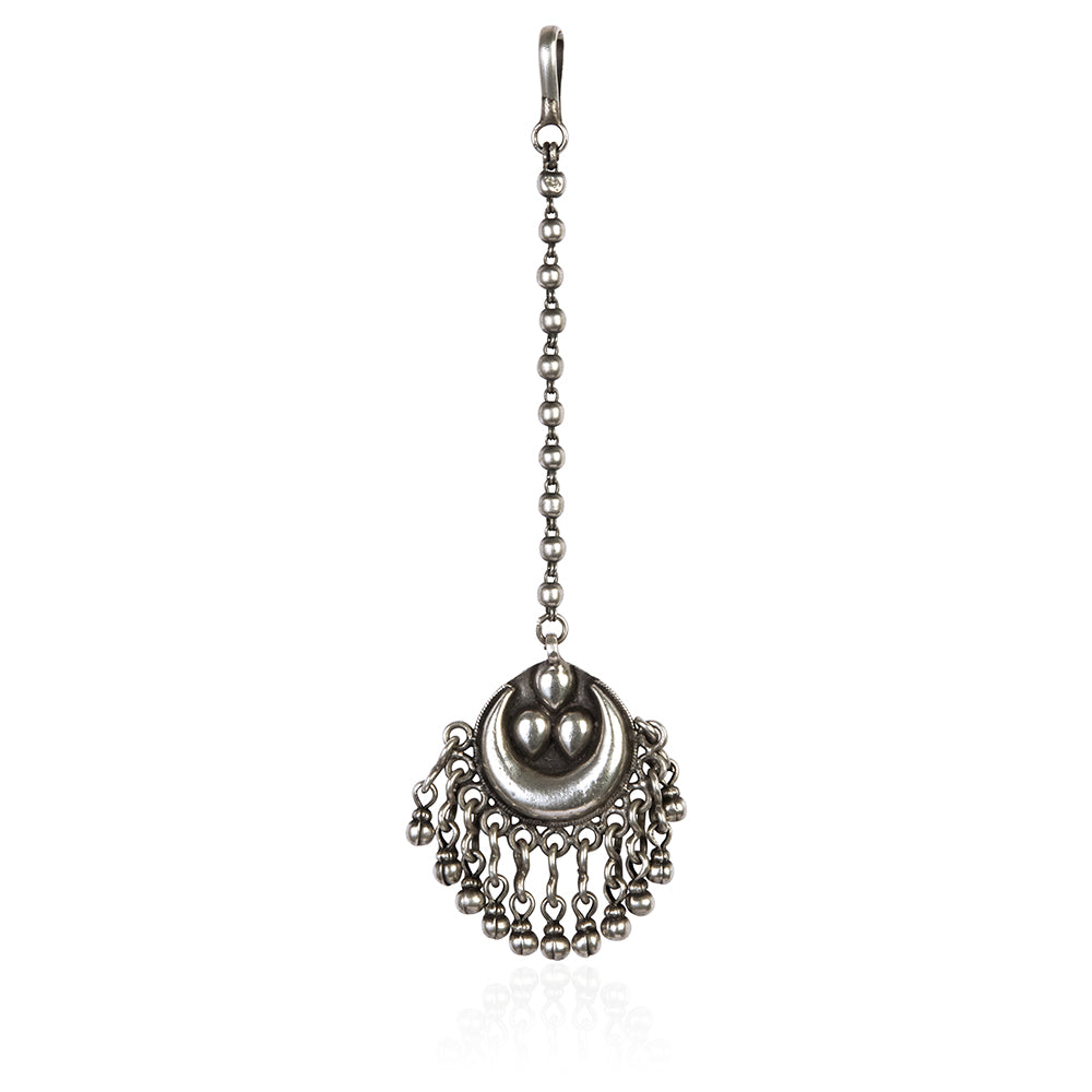 Oxidized Silver Tribal Maang Tikka with Crescent and Dangling Charms
