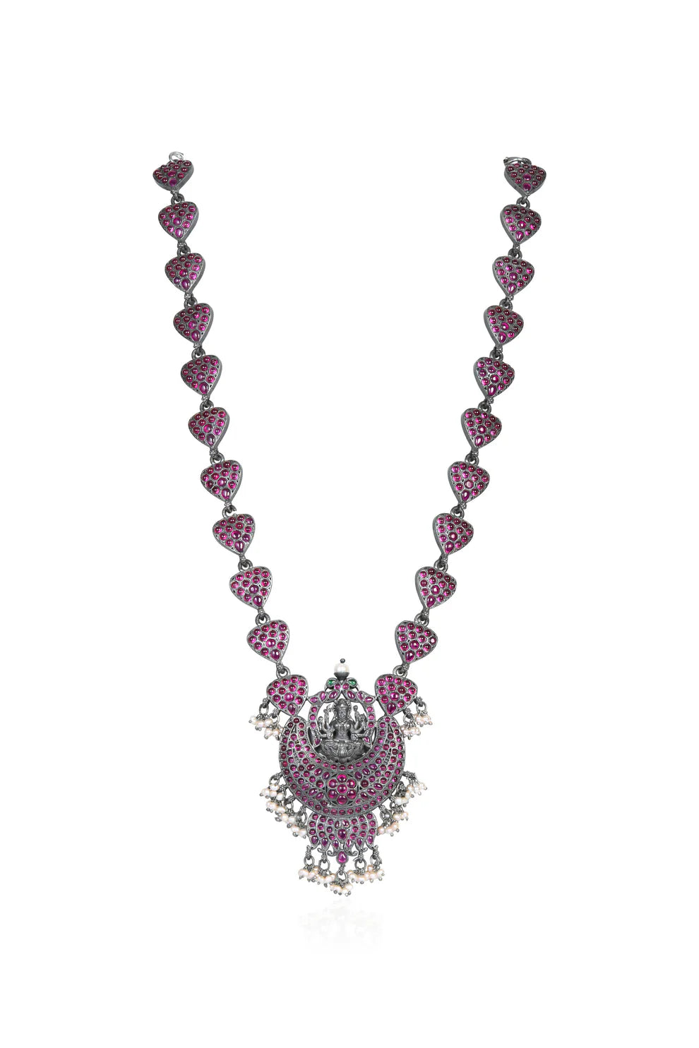 Oxidized Silver Necklace with Devi Pendant, Pink Gem Hearts, and Pearl Drops