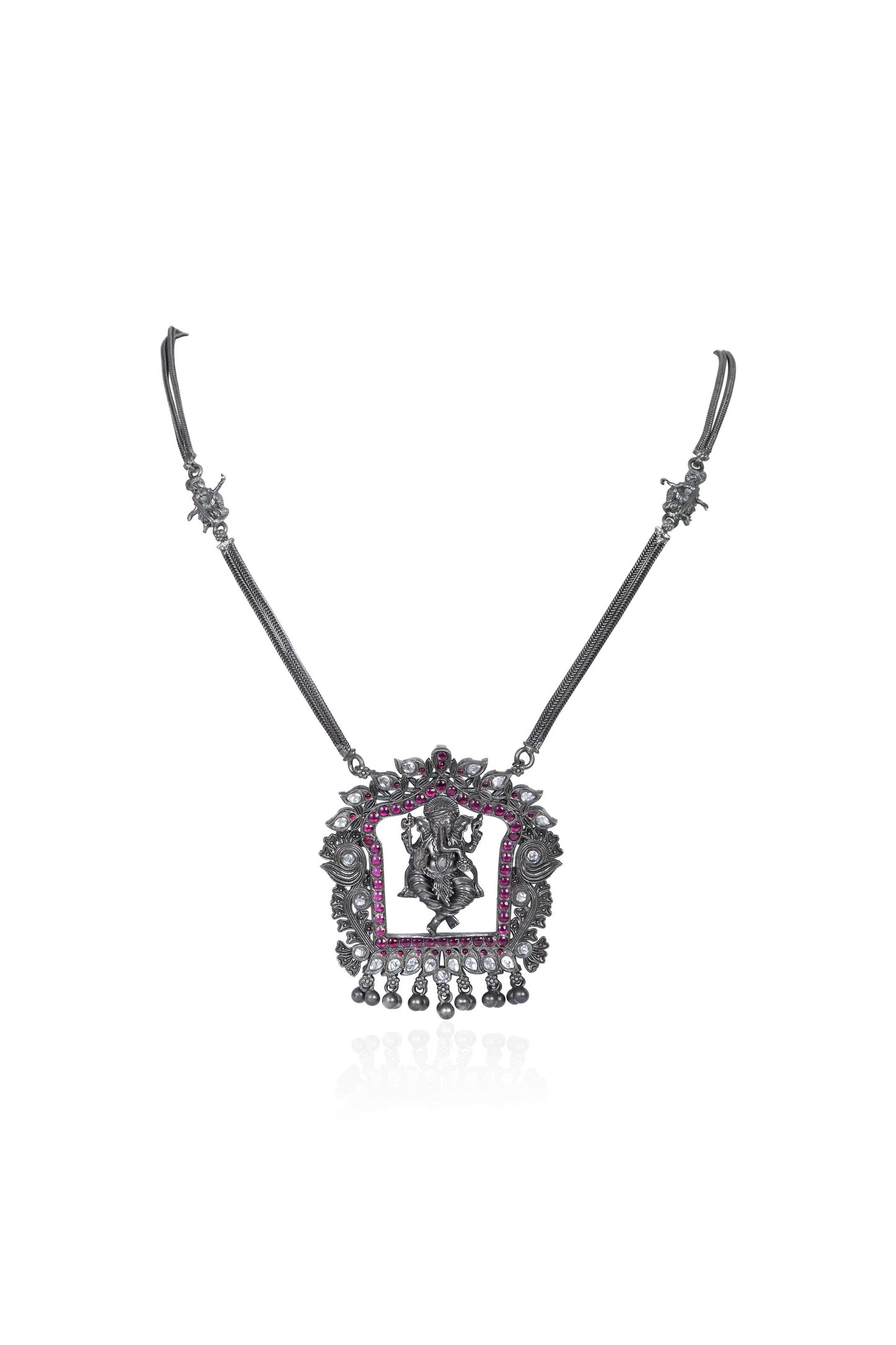Oxidized Silver Necklace with Ganesha Pendant and Pink Gemstone Accents