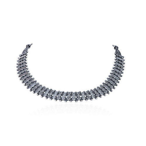 Oxidized Silver Choker with Geometric and Floral Pattern, White Gem Accents