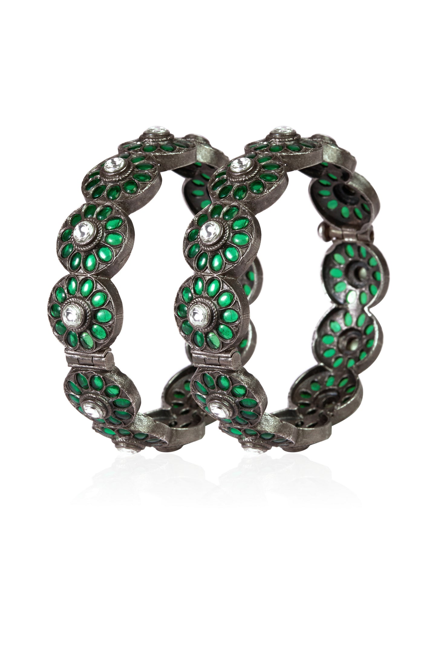 Pair of Oxidized Silver Hinged Bangles with Green Enamel and White Gemstones