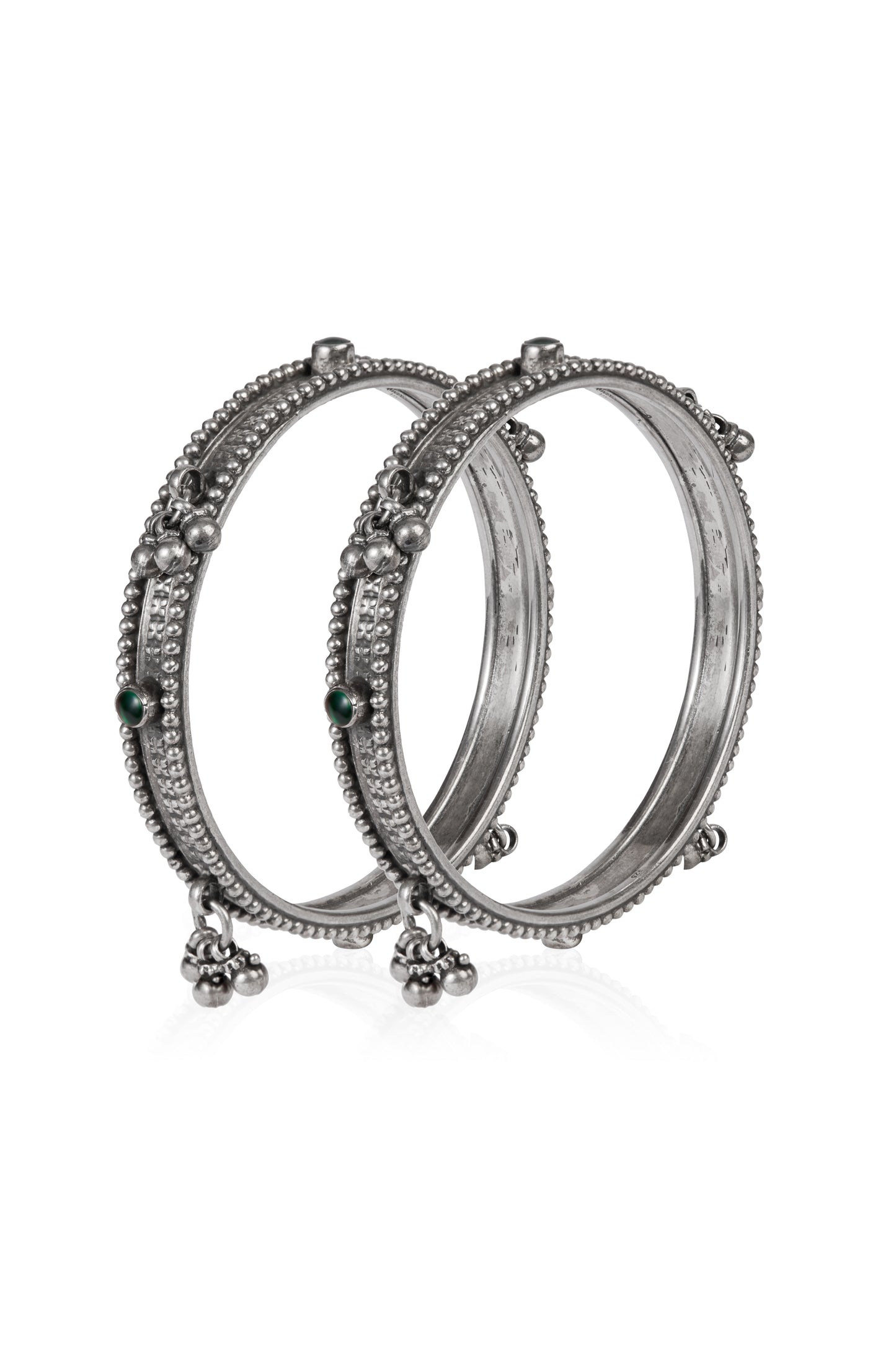 Intricate Silver Tone Kadas with Green Stone Details and Dangling Bells