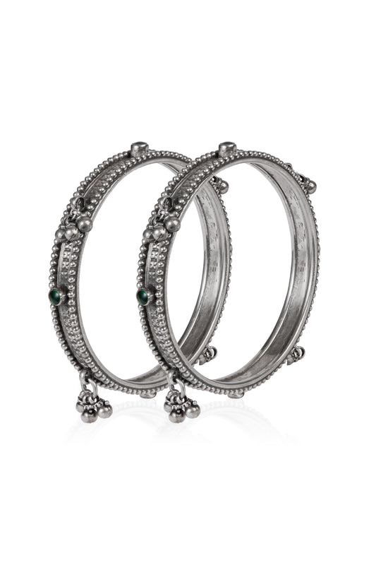 Intricate Silver Tone Kadas with Green Stone Details and Dangling Bells