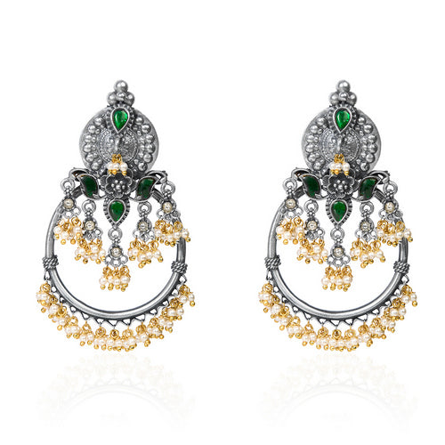Oxidized Silver Green Stone & Pearl Half-Hoop Dangle Earrings