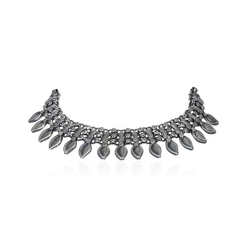 Oxidized Silver Choker with Graduated Leaf and Floral Design White Gem Accents