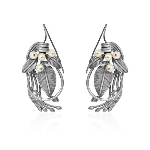 Oxidized Silver Leaf Dangle Earrings with Pearl and Stone Accents
