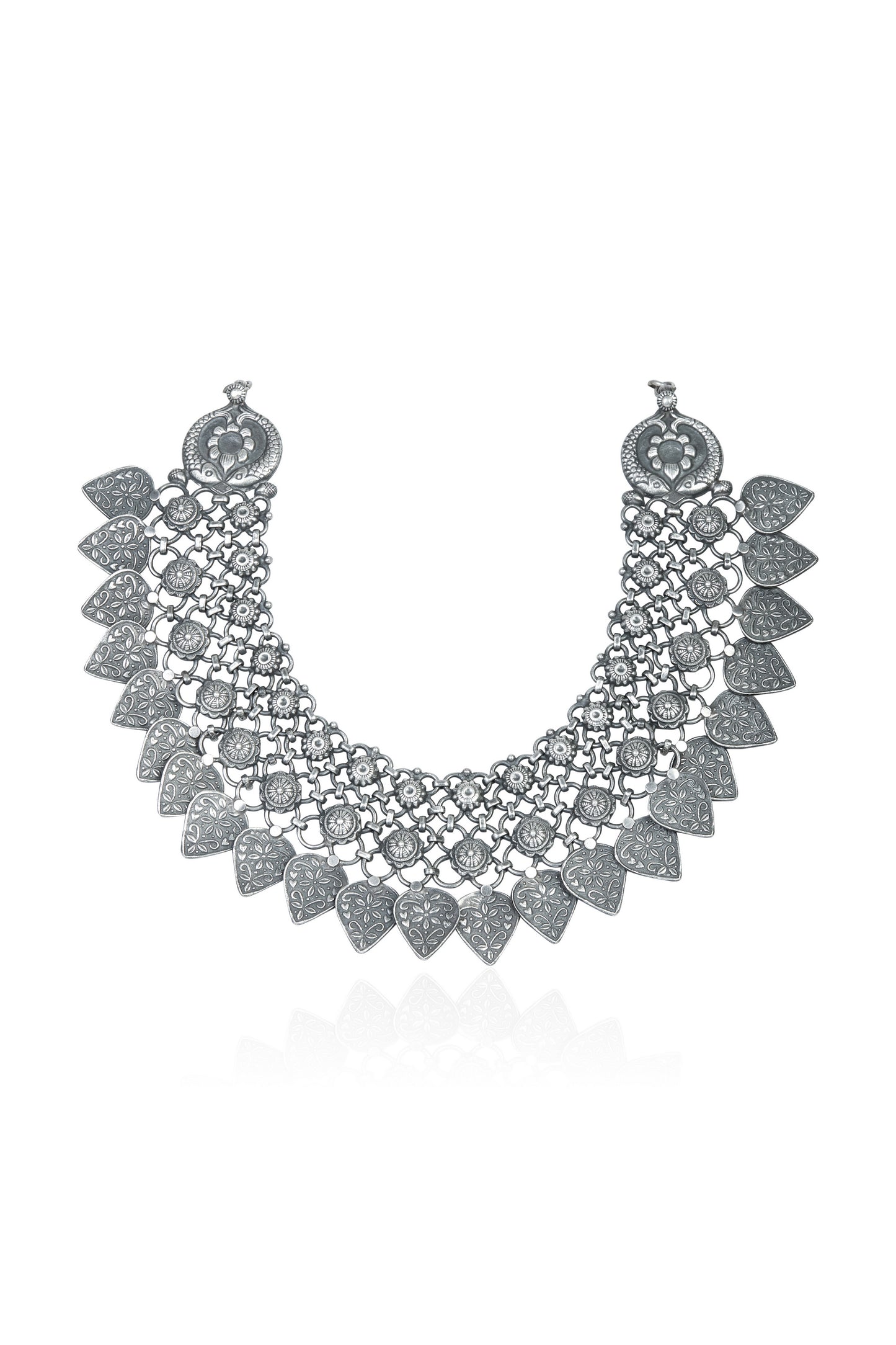 Oxidized Silver Choker with Intricate Mesh Design and Dangling Heart Pendants