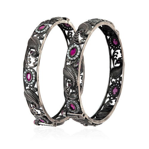 Elegant Oxidized Silver Bangles with Openwork Design, Ruby and Cubic Zirconia