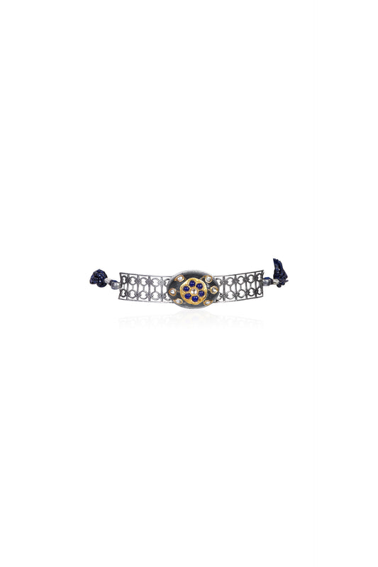 Oxidized Silver Choker with Sapphire Center, White Gem Accents, and Gold Tone
