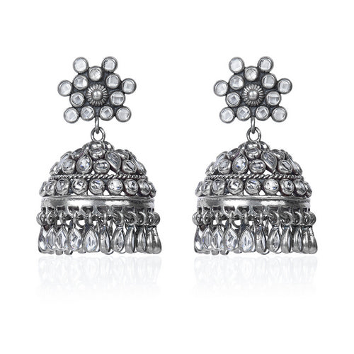 Oxidized Silver Stone Studded Jhumka Earrings with Floral Top