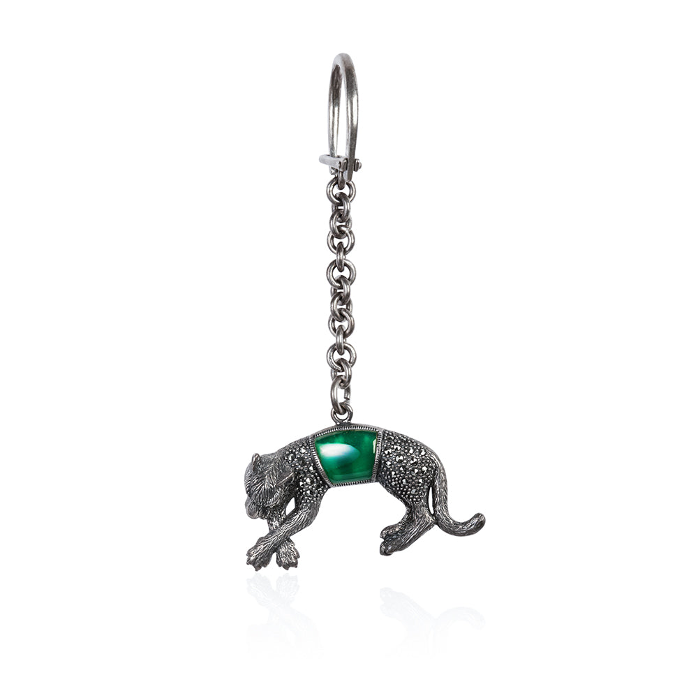 Detailed Silver Prowling Panther Keychain with Emerald Green Accent