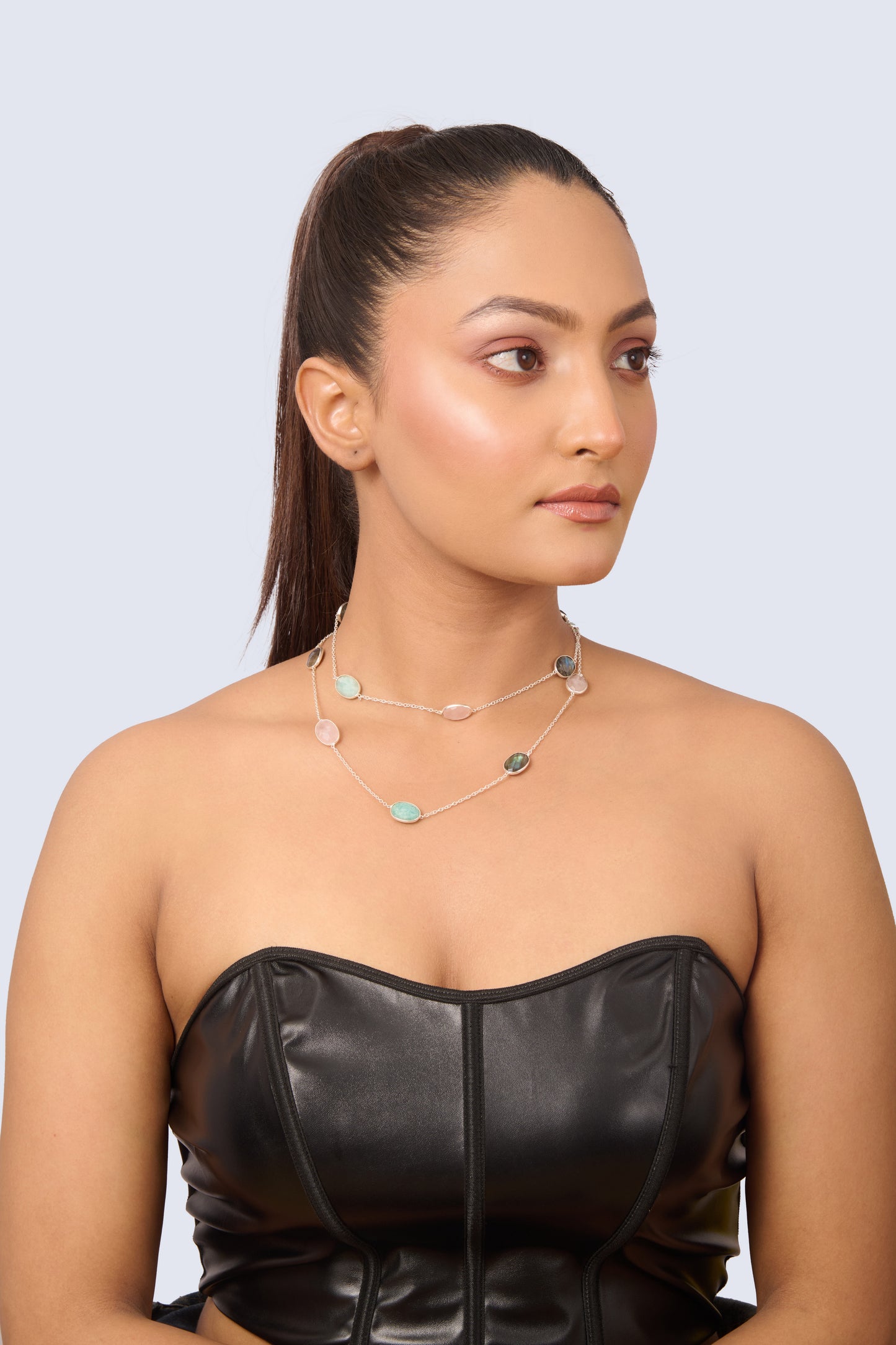 Elegant Silver Chain Necklace with Pastel and Earth Tone Gemstone Accents