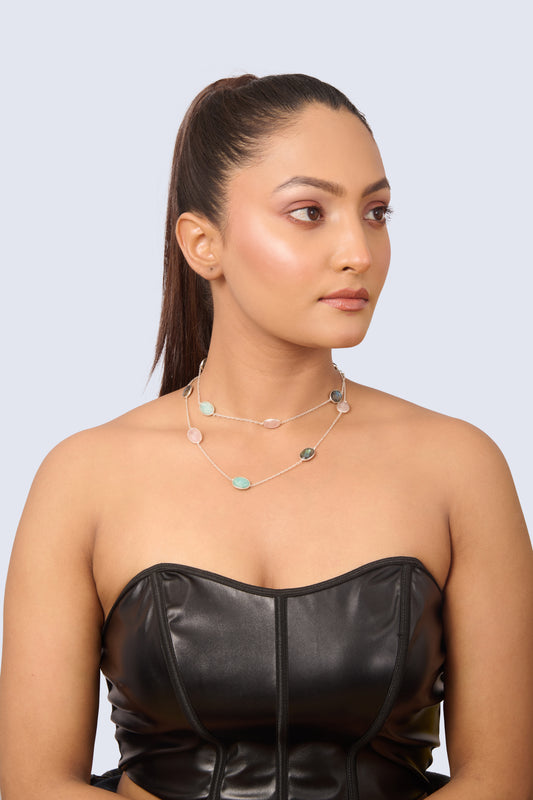 Elegant Silver Chain Necklace with Pastel and Earth Tone Gemstone Accents
