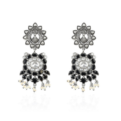 Women's Ethnic Silver Earrings with Peacock Motif, White Gems, Black Stones, and Dangling Pearls
