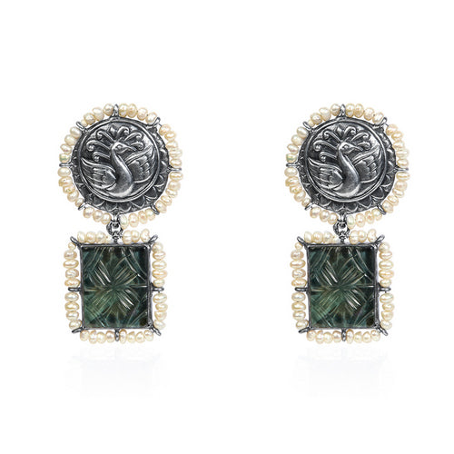Traditional Indian Oxidized Silver Earrings with Peacock Pendant, Carved Green Drop, and Pearl Trim