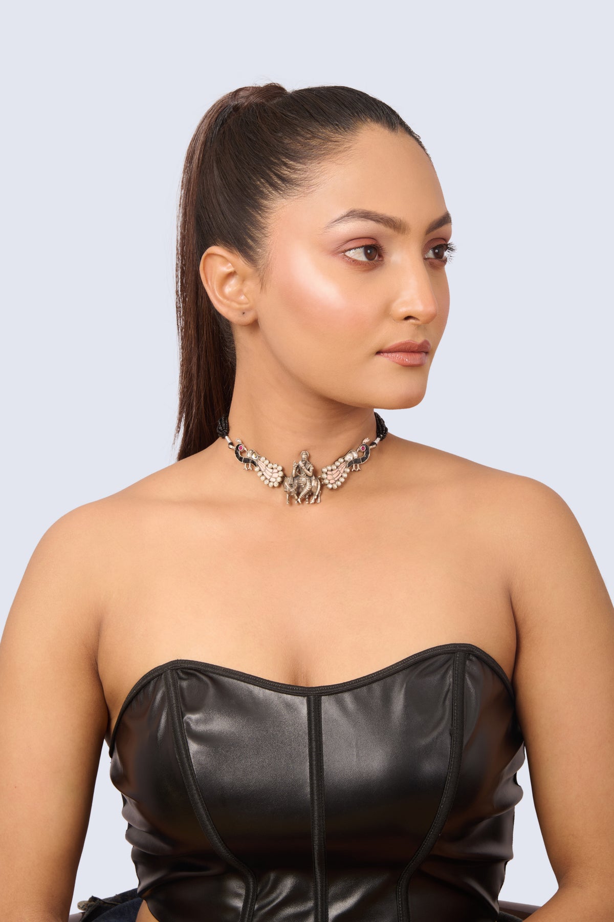 Silver Pendant with Krishna Fluting Cow Peacocks with Ruby Eyes and Pearl Highlights