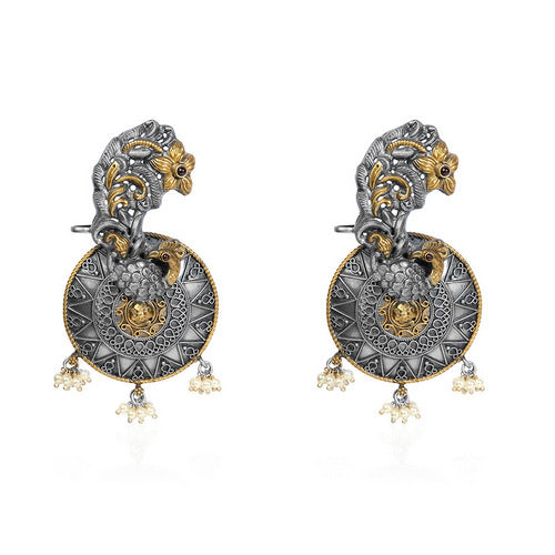 Oxidized Silver Peacock Earrings with Gold Accents, Red Gems, and Pearl Drops