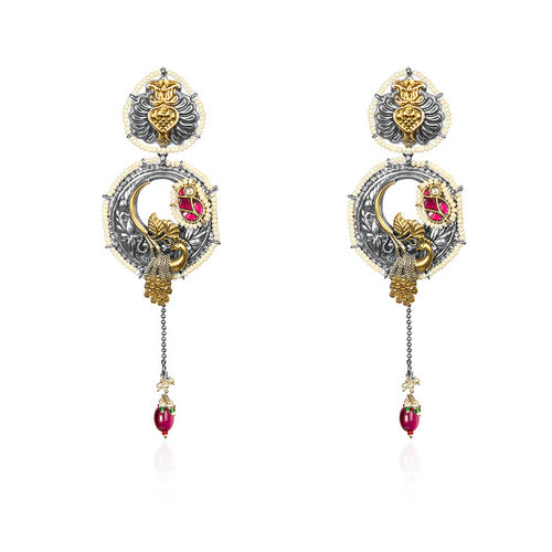 Oxidized Silver Peacock Dangle Earrings with Gold, Pearls, and Ruby Drop
