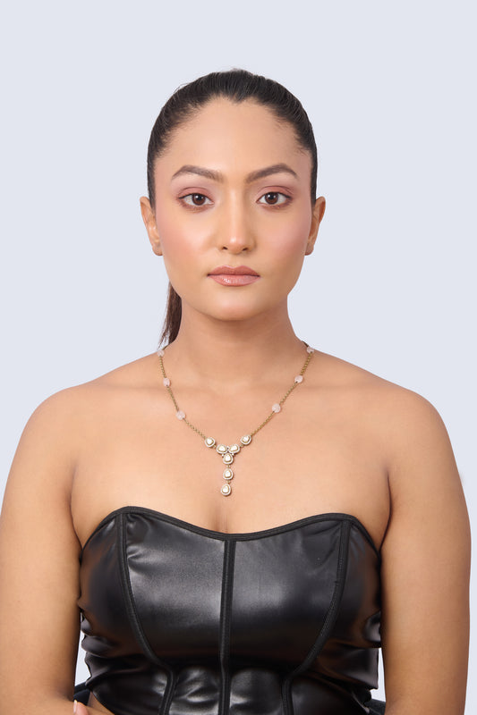 Gold Tone Necklace with Pink Pearls and Pear-Shaped White CZ Accents