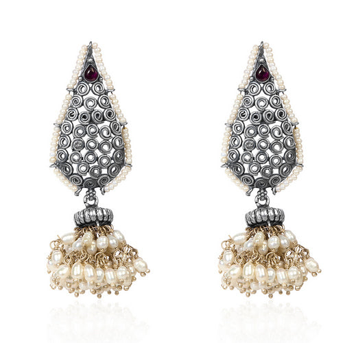 Oxidized Silver Dangle Earrings with Pearl Cluster and Ruby Accent in Filigree Design