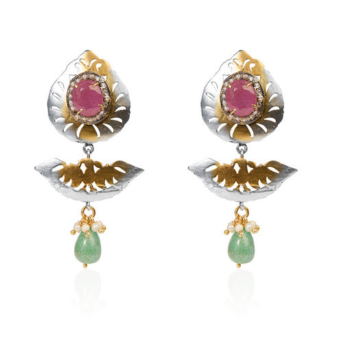 Dual-Tone Oxidized Silver & Gold Pink and Green Stone Dangle Earrings