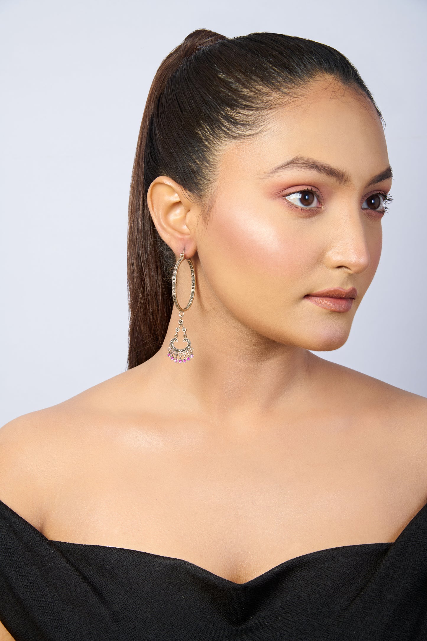 Oxidized Silver Dangle Earrings with Elongated Hoop and Pink Gemstone Drops