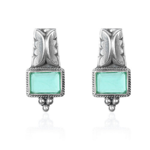 Oxidized Silver Stud Earrings with Rectangular Mint Green Gem and Ornate Silverwork
