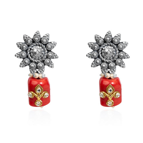 Women's Ethnic Silver Earrings with Vibrant Red Accent, Gold Detail, and Floral Silverwork