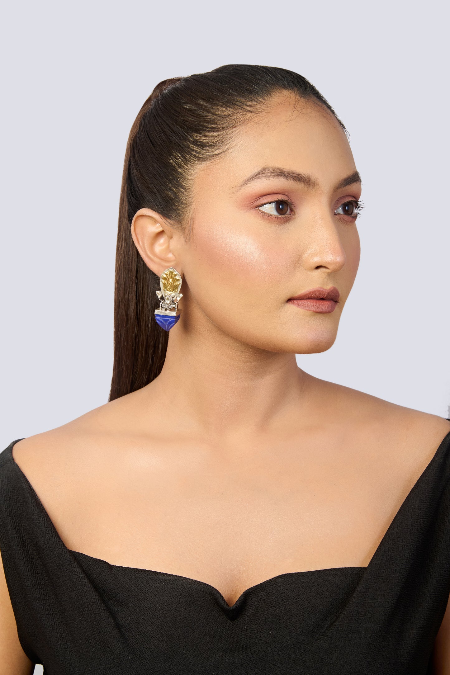 Oxidized Silver & Gold Tone Stud Earrings with Carved Lapis Lazuli Drop