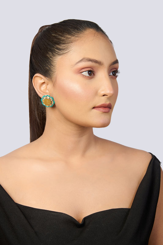 Oxidized Silver Coin Stud Earrings with Turquoise Beads and White Stones