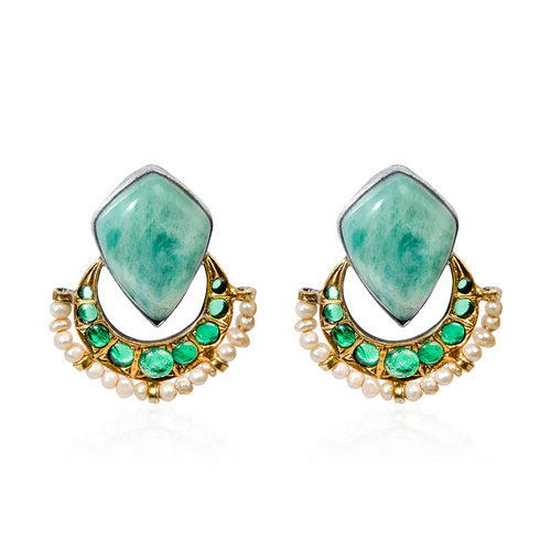 Fan-Shaped Emerald & Pearl Studs with Rhombus Turquoise