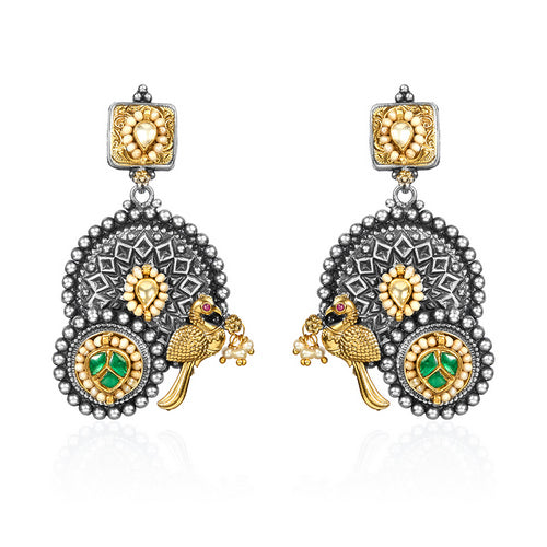 Oxidized Silver & Gold Tone Parrot Dangle Earrings with Green Stone and Pearl Drops