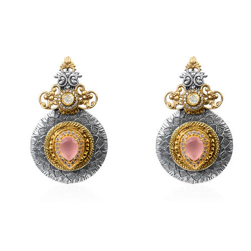 Dual-Tone Oxidized Silver and Gold Pink Stone Earrings