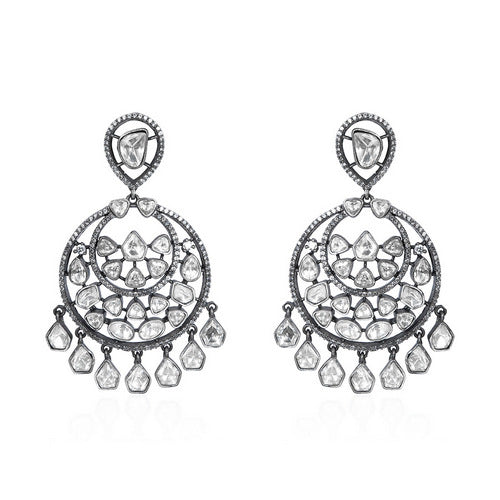 Oxidized Silver Uncut Polki & Rose Cut Diamond Chandbali Earrings