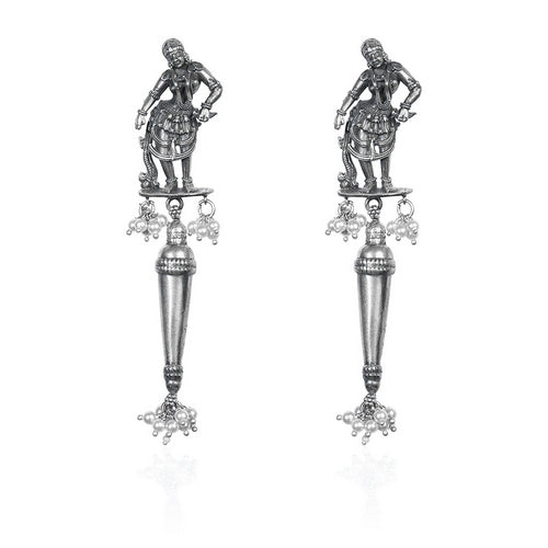 Oxidized Silver Dangle Earrings with Dancing Figure and Pearl Drops